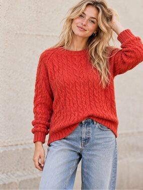 Vintage 2003 Gap Stretch Lambswool Cable Knit Sweater Orange Red Medium